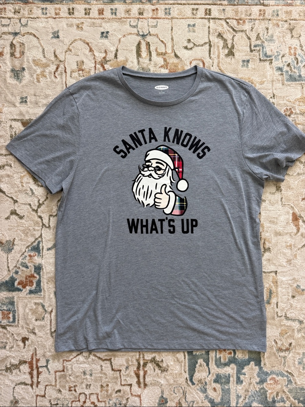 Old Navy “SANTA KNOWS WHAT’S UP” Tee with Plaid Santa Accent size LARGE